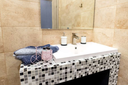 Bathroom interior with sink faucet. Modern bathroom design. close upの写真素材