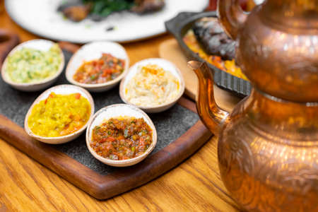 Turkish and Greek Dinner Table. Turkish eggplant appetizers.の写真素材