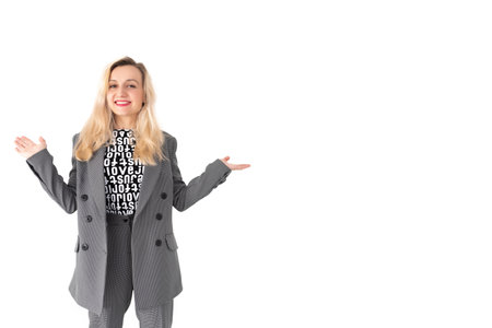 Pretty smiling joyfully female with long hair, wearing a jacket, looking with satisfaction at the camera, being happy. Free space for your text. Isolated white backgroundの写真素材