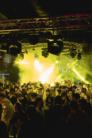 Crowd of people in a nightclub dancing. Russia, Rostov-on-Don, 22Jan2022のeditorial素材