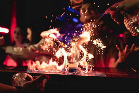 Shot b52 with a beautiful serve. Fire, sparks of flame. Night club, bar. Russia, Rostov-on-Don, 22Jan2022のeditorial素材