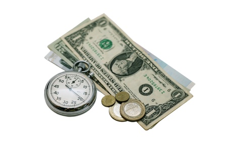 Watch and banknotes on a white backgroundの写真素材