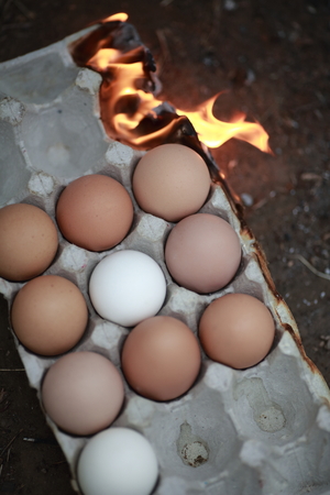 Burning box with chicken eggs, symbolizing the deficitの写真素材