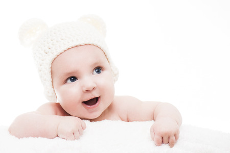 Cute baby on white background.の写真素材