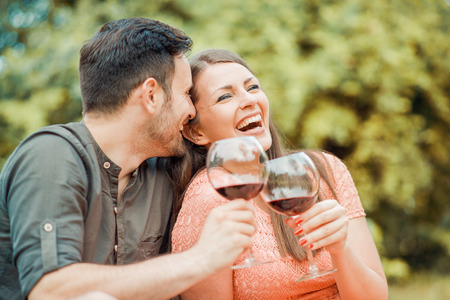 Cute young couple drinking wine on a picnic, smiling at each other on a sunny day.