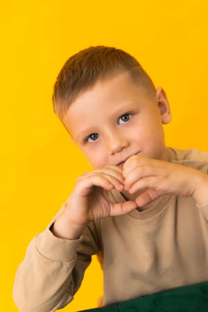 A little blond boy showing heart his hands and looking at the camera