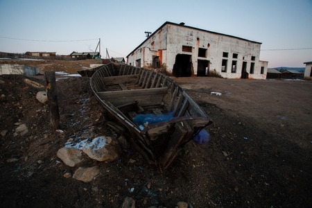 Abandoned ships at Baikal coast in Khuzhir settlementの写真素材
