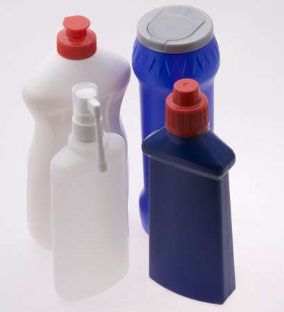 Four different plastic bottles with washing-up liquidの写真素材