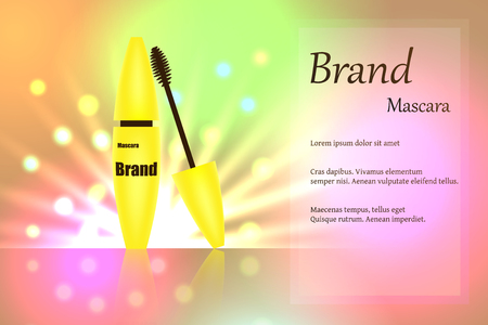 Yellow mascara brush for eyelashes for eye makeup on delicate multi-colored background with bright spots of light. text, poster, banner, catalogue. Realistic 3D vector illustrationのイラスト素材