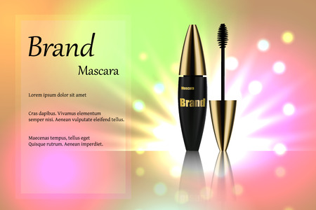 Black with a gold mascara brush for eyelashes for eye makeup on delicate multi-colored background with bright spots of light. Advertising, text, poster, banner, catalogue. Realistic 3D vector illustrationのイラスト素材