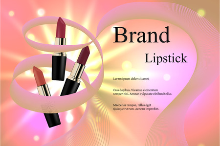 Design cosmetics lipstick with different delicate hues on a gentle background with light rays and bright spots. Brand, advertising, banner, directory.のイラスト素材