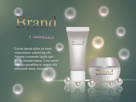 The design of cosmetics brand, cream and gel with delicate pearls on a dark background with light balls, spots, drops. Advertising, banner, 3D, vector.のイラスト素材
