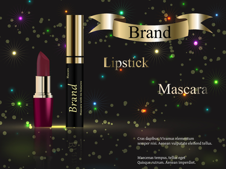 the design of cosmetics, Burgundy lipstick and mascara on a dark background with fireworks and bright spots, bright, colorful. Vector realistic 3D, advertising, banner, posterのイラスト素材