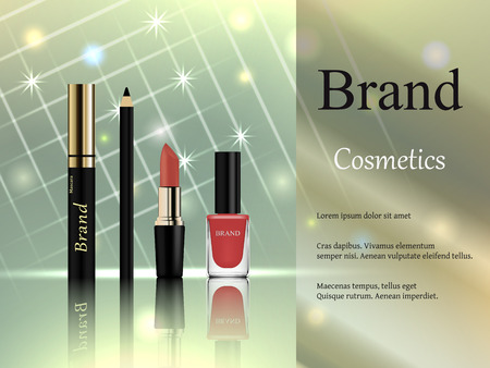 Design of cosmetics, a set of mascara with a golden cap, pink lipstick lipstick, eyeliner and nail polish on a light background with bright rays and stars. Advertisement, banner, 3d vector realisticのイラスト素材