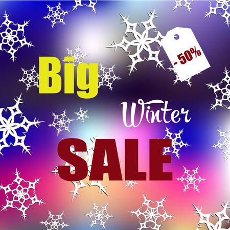 Winter background, big discount, white snowflakes. Advertisement, catalog, vector illustrationのイラスト素材