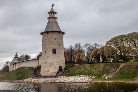 The middle tower of the Pskov Kremlin on a cloudy spring day. Pskov.の写真素材