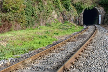 Entry of a vintage train tunnel with its railroadの写真素材