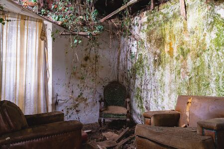 old vintage armchair broken in a abandoned old houseの写真素材