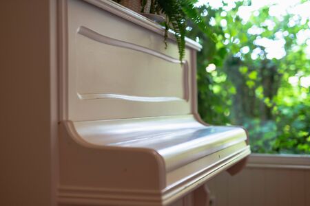 White grand piano with flowers next to a windowの写真素材