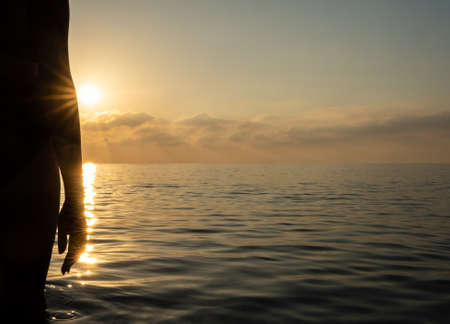The girl stands on the seashore at dawnの写真素材