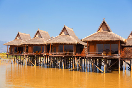 Deluxe hotel situated on the waters of InleLake with captivating view of the beautiful Inle Lake where water and mountains create spectacular scene, Myanmarのeditorial素材