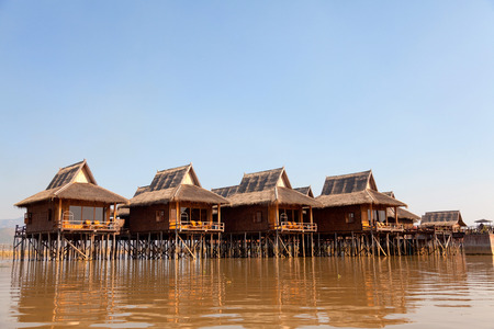 Deluxe hotel situated on the waters of InleLake with captivating view of the beautiful Inle Lake where water and mountains create spectacular scene, Myanmarのeditorial素材