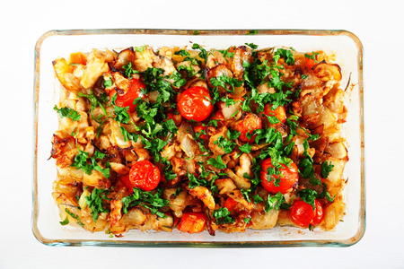 Homemade salmon casserole with fresh vegetables and cherry tomatosの写真素材