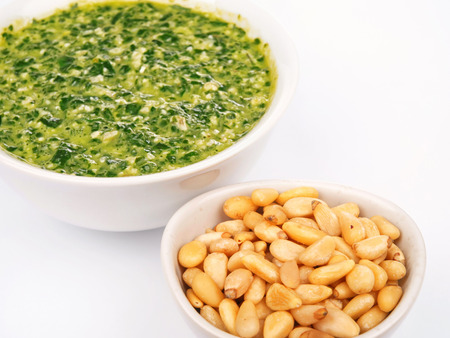 Pesto sauce isolated on whiteの写真素材