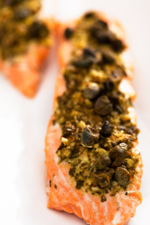 Baked salmon with pestoの写真素材