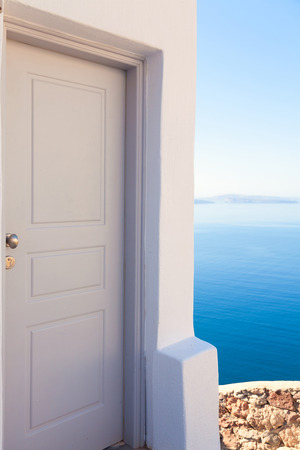 Summer resort with a perfect view of the volcano in Oia, Santoriniの写真素材