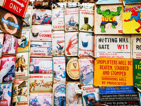 London, United Kingdom - May 22, 2009 : Vintage advertising labels on sale in Portobello Road marketのeditorial素材