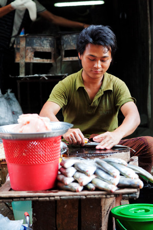 Yangon, Myanmar - February 24, 2011 : Young Burmese man selling fresh fish in the street market.のeditorial素材