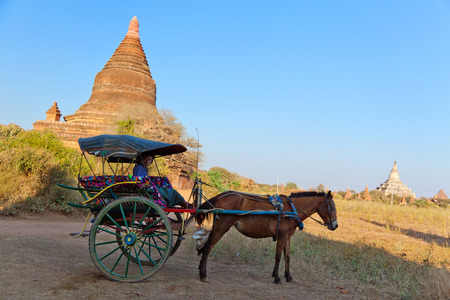Bagan, Myanmar - February 25, 2011 : Burmese man waiting for tourist to give them a ride with a horse cart to see numerous pagodas in the regionのeditorial素材