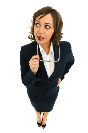 Businesswoman isolated on white background shot with wide angle lensesの写真素材