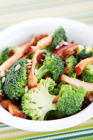 Chicken salad with broccoli and white salad dressingの写真素材