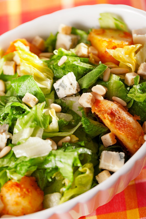 Salad with tomatos, tuna fish and croutons and sour sauceの写真素材
