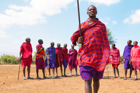 Amboseli, Kenya - February 07, 2012 - Masai tribal people dancing in a village in Amboseli National Parkのeditorial素材