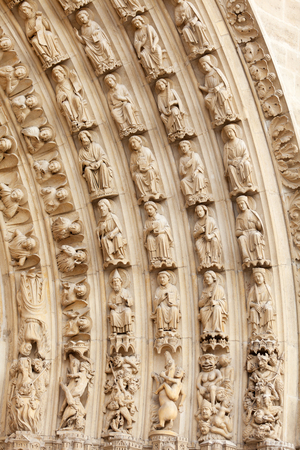 Detail of the facade of Notre Dame in Ile de la Cite, Parisの写真素材