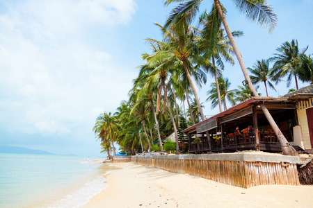 Ko Samui, Thailand - March 11, 2011 : Small family hotel on the beach of Ko Samiu with a restaurant with a seaviewのeditorial素材