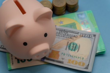 Pink piggy bank and a stack of dollars, euros and coins on a blue background close-up. Saving and accumulating money, financial security, budget planning and investment.の写真素材