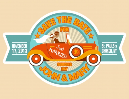 wedding invitation with bride and groom in retro carのイラスト素材