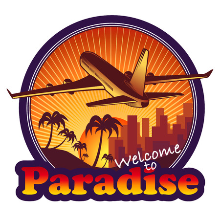 Paradise travel label with airplane on sunset のイラスト素材