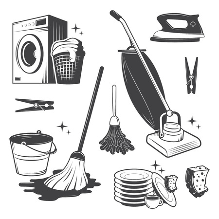 Set of black and white vintage cleaning tools のイラスト素材