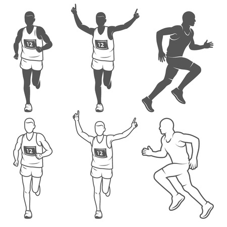 Set of isolated running man. Black and white outlined and filled のイラスト素材