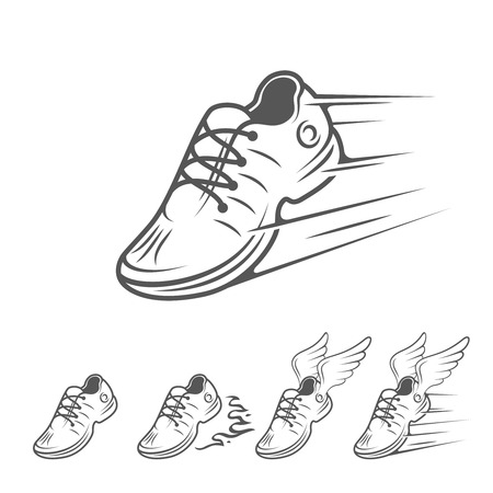 Speeding running shoe icons in five variations with a trainer, sneaker or sports shoe with speed and motion trailsのイラスト素材