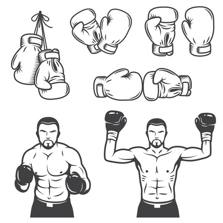 Set of vintage boxing emblems, labels, badges, icon and designed elements. Monochrome styleのイラスト素材