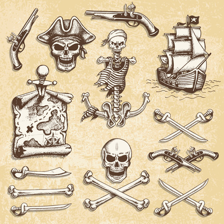 Set of vintage hand drawn pirates designed elements. Isolated with a skretched background. Doodle styleのイラスト素材