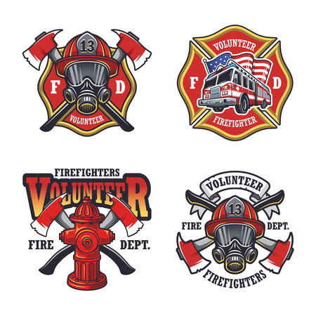 Set of firefighter emblems labels badges and on light background.