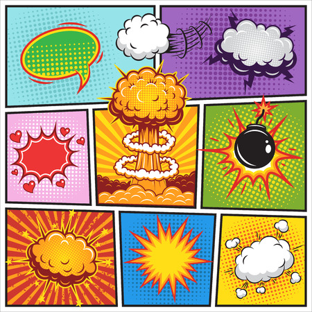 Set of comics speach and explosion bubbles on a comics book background. Coloredのイラスト素材