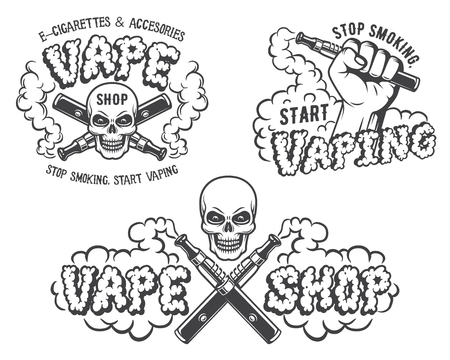 Set of vape, e-cigarette emblems, labels, prints and logos, Monochrome style, Isolated on white background.のイラスト素材